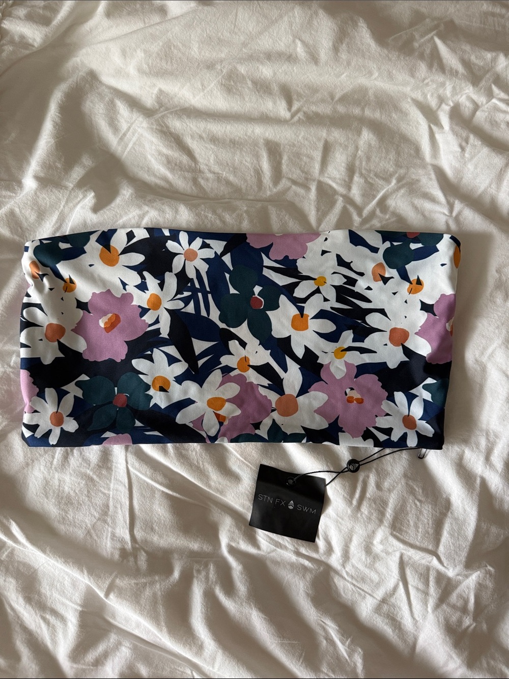 Stone Fox Swim Navy Floral Bandeau Top with White, Pink & Orange Accents